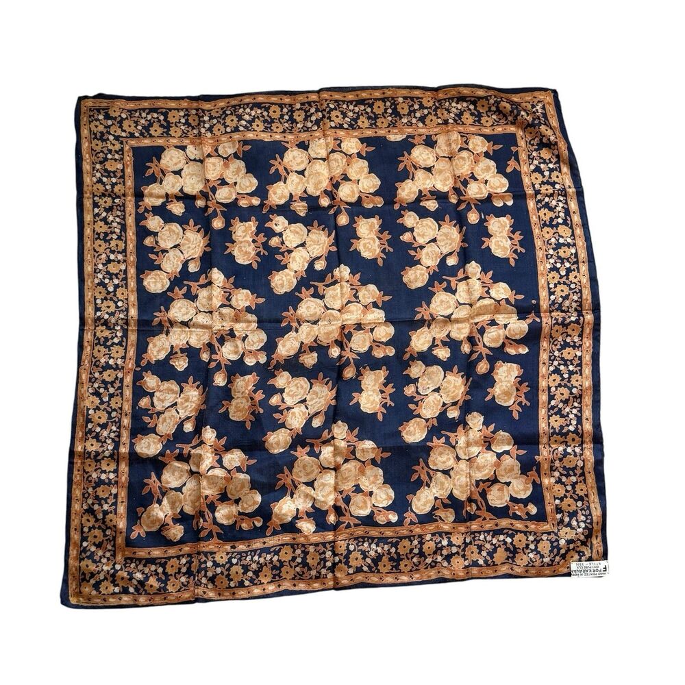Vtg F For Karavan 100% Pure Silk Scarf Approx 29X29 Square Floral Navy Orange
